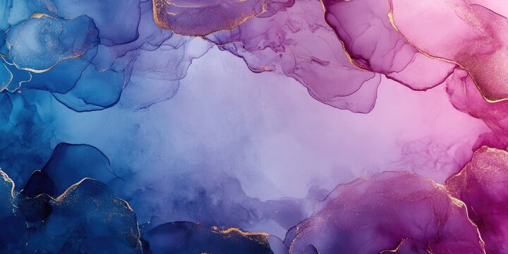 Ethereal abstract artwork with swirling blue and pink hues, accented by gold trim; central blank space ideal for text placement.