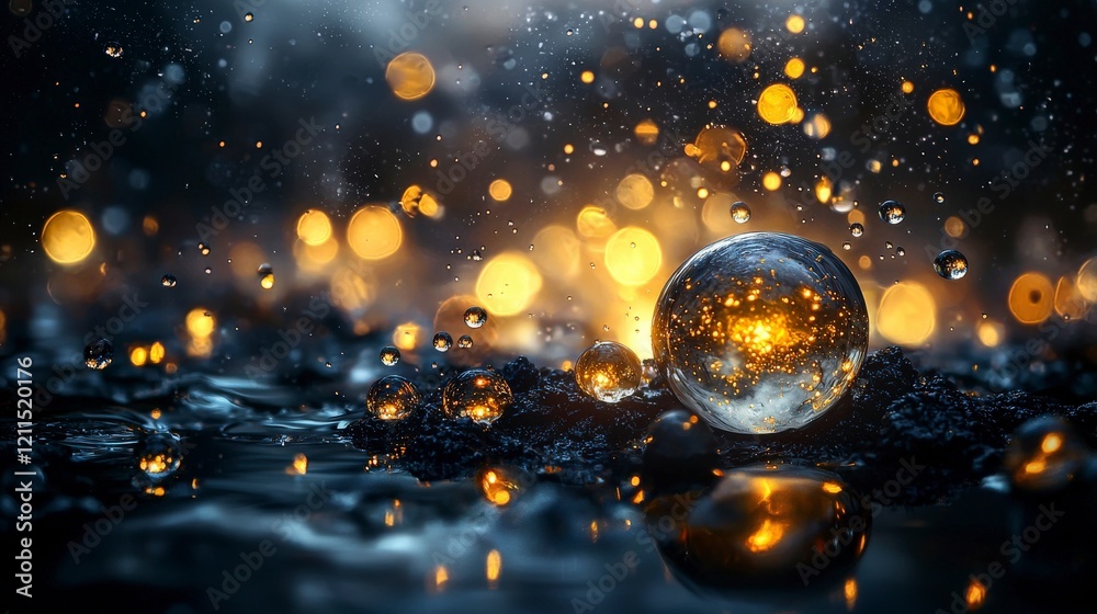 Aufkleber glowing amber droplets scatter in mystical space captured in a dreamlike environment macro photograp