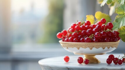 Currants displayed on a chrome golden podium with exquisite detailing, showcasing their deep red color and delicate texture in a luxurious setting.