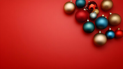 Colorful Christmas baubles on red background, festive holiday decor, copy space, greeting card design