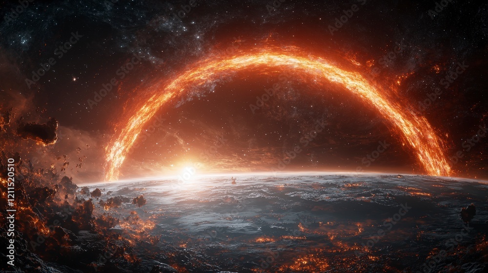 Poster celestial event an orangered arc weaves through space earth perspective digital art extraterrestrial