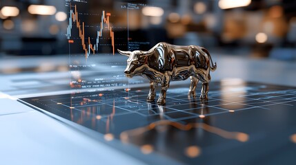 Fototapeta premium Golden Bull Figurine on Stock Market Chart with Data Visualization in Modern Office Environment