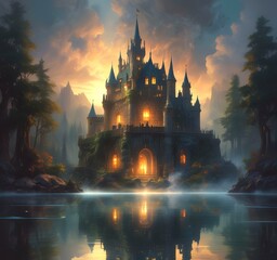 Illustration of glowing mystery tower castle in night.