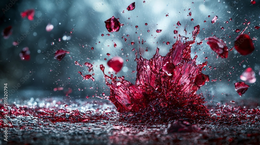 Fototapete Bloodred droplets crashing into empty space abstract art dynamic environment close-up concept