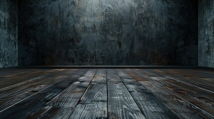 A dimly lit room with wooden flooring and textured walls, evoking a moody atmosphere.