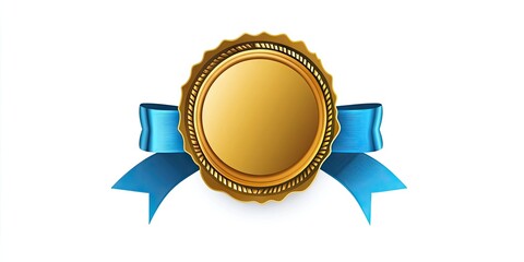 Gold embossed seal with a smooth gold center and vibrant blue ribbons positioned centrally on a clean white background ideal for awards or certificates.