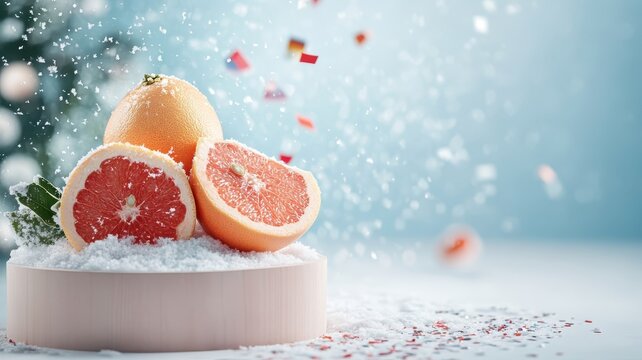 Grapefruit on a snow-covered podium with swirling confetti, blending the fruit’s vibrant colors with a festive wintery backdrop.