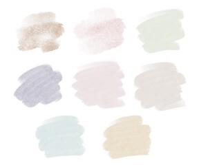 Pastel Watercolor Swatches. A collection of nine delicate pastel watercolor swatches in shades of beige, pink, green, blue, and yellow. perfect for use in design projects, backgrounds or digital art.