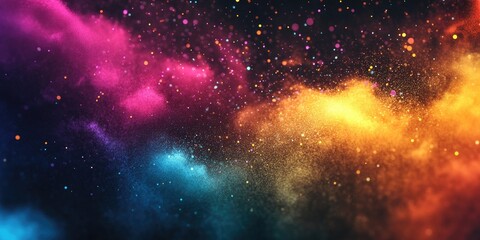 Naklejka premium Vibrant abstract background displaying a burst of colorful powder in shades of pink, orange, and blue against a dark backdrop with glittering texture.