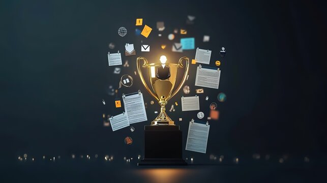 Winning Candidate. Trophy Surrounded by Resumes and Job-Related Symbols Representing Excellence
