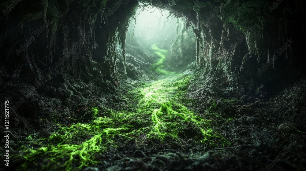 Poster moss green trails emerge from dark depths of a cave nature scene mysterious environment close-up vie