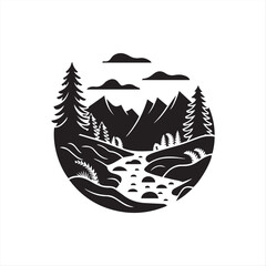 silhouette Natural Mountain River Landscape isolated vector art for Adventure Graphics 