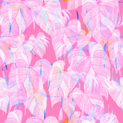Watercolor pink jungle leaves seamless tropical pattern
