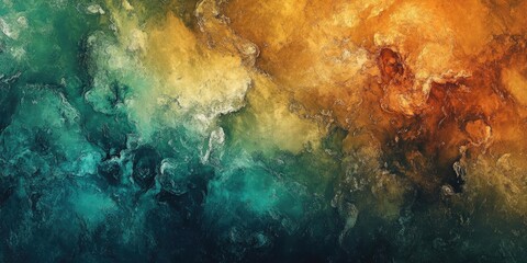 Fototapeta premium Vibrant abstract texture in teal, orange, and gold hues with dynamic fluid patterns creating a striking visual depth and organic flow energy.