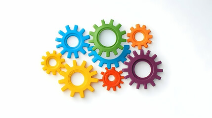 Colorful gears interlock on white background, symbolizing teamwork and collaboration; ideal for business presentations