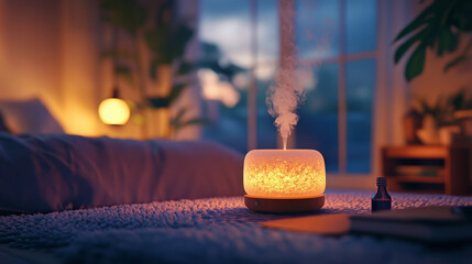 cozy room with diffuser emitting steam and warm light, creating relaxing atmosphere. soft glow enhances tranquil setting, perfect for unwinding