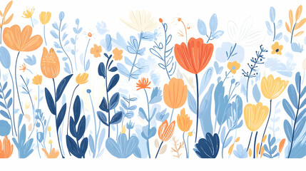 Colorful spring wildflowers meadow border, nature background for website or greeting card