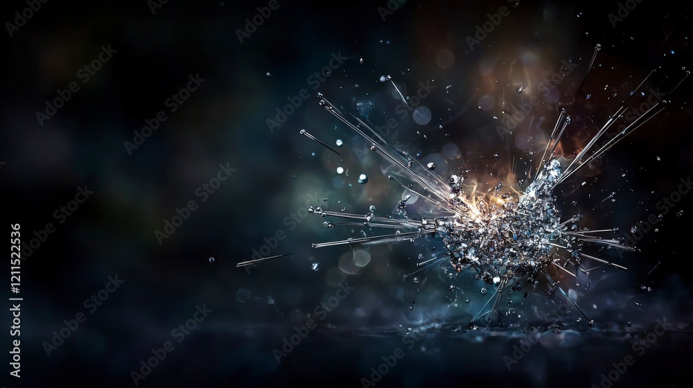 Poster Dynamic burst of silver points illuminating the shadowy void abstract art dark environment macro view energy concept