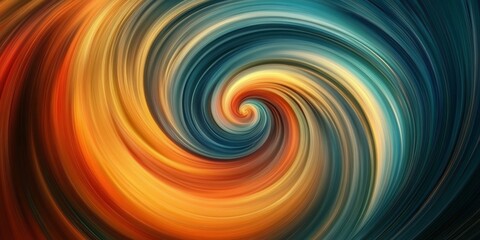 Fototapeta premium Vibrant swirling abstract backdrop with orange and blue gradients blending into a circular spiral design creating a dynamic flowing motion.