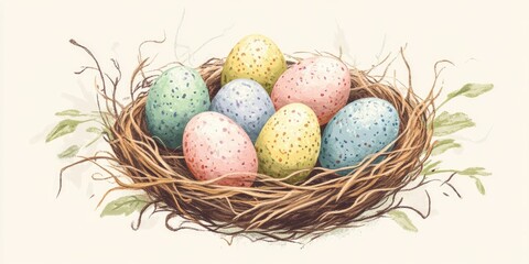 Obraz premium Colorful speckled Easter eggs in a rustic nest surrounded by soft greenery on a light pastel background, perfect for seasonal greeting cards.