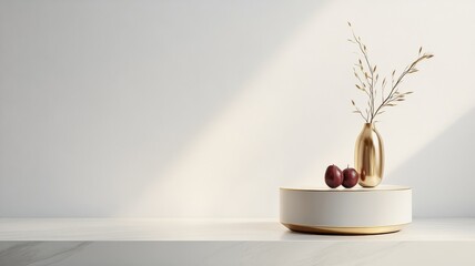 Chrome podium with golden detailing showcasing a prune in exquisite style.