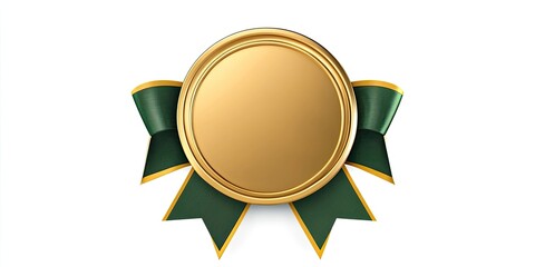 Gold seal with a large green ribbon and golden edges on a pure white background, creating a professional and elegant presentation look.