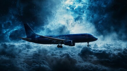 Fototapeta premium Indigo airplane soaring through cosmic clouds space digital art surreal atmosphere aerial view dreamlike journey