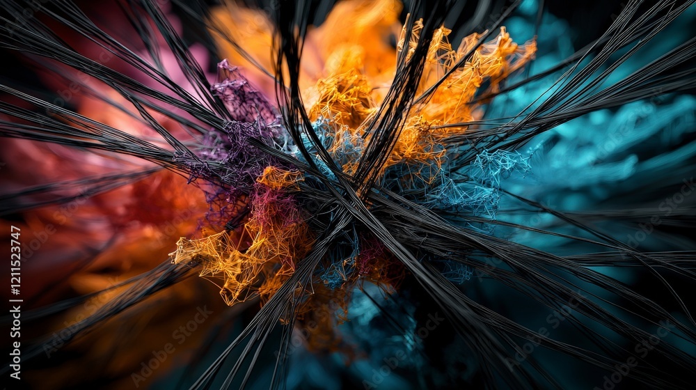 Fototapete dynamic abstract composition of thin black lines and colorful textures in a digital art studio aeria