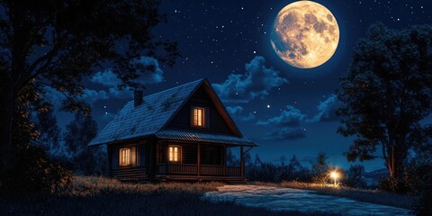 Moonlit rustic house under deep blue sky with bright full moon and glowing windows, surrounded by trees and soft grass on pathway.
