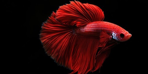 Fototapeta premium Vibrant red Siamese fighting fish with flowing fins captured against a deep black background, showcasing its stunning half-moon tail and vivid colors.