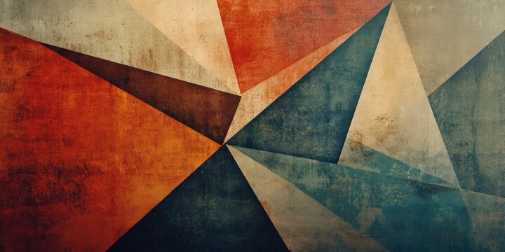 Geometric abstract background with earthy textures in red, orange, and teal triangular shapes layered on a weathered dark surface.