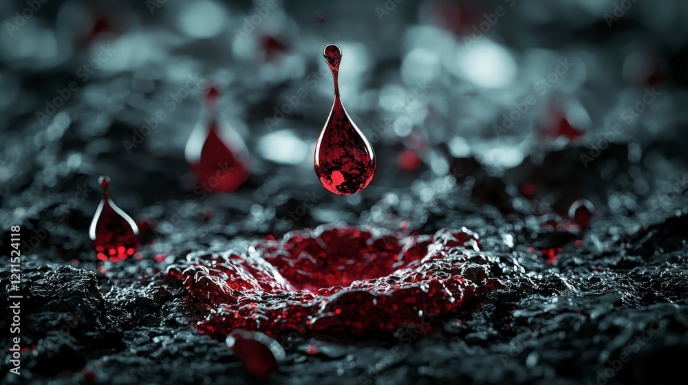 Poster mysterious red droplets seep from cracks in dark surface studio setting macro photography abstract e