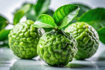 Obraz premium Long exposure captures vibrant bergamot fruit and leaves, a culinary jewel, isolated against a clean backdrop.