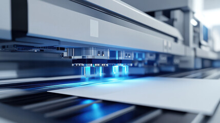 Fototapeta premium A high-tech printer is shown in action, with blue lights illuminating the printing process on a sheet of paper.