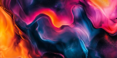 Obraz premium Abstract fluid art with vibrant orange, pink, and deep blue swirls creating a dynamic flow against a dark backdrop, showcasing color interplay.