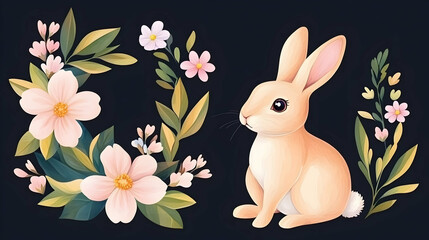 Obraz premium Cute bunny sitting amidst spring flowers, dark background, greeting card design
