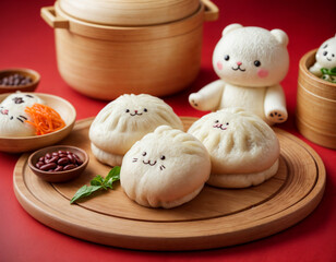 Vintage Steamed Buns With Red Bean dumplings chibi character