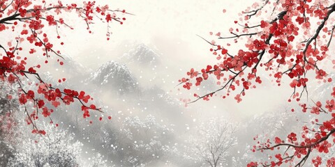 Obraz premium Plum blossoms in vibrant red foreground against a serene winter landscape with soft snowflakes and muted gray mountains in the background.
