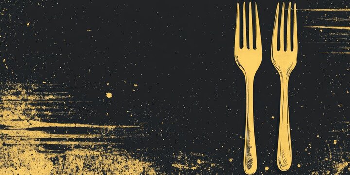 Elegant restaurant menu design featuring two prominent gold forks on a textured black background with ample space for text and graphics.