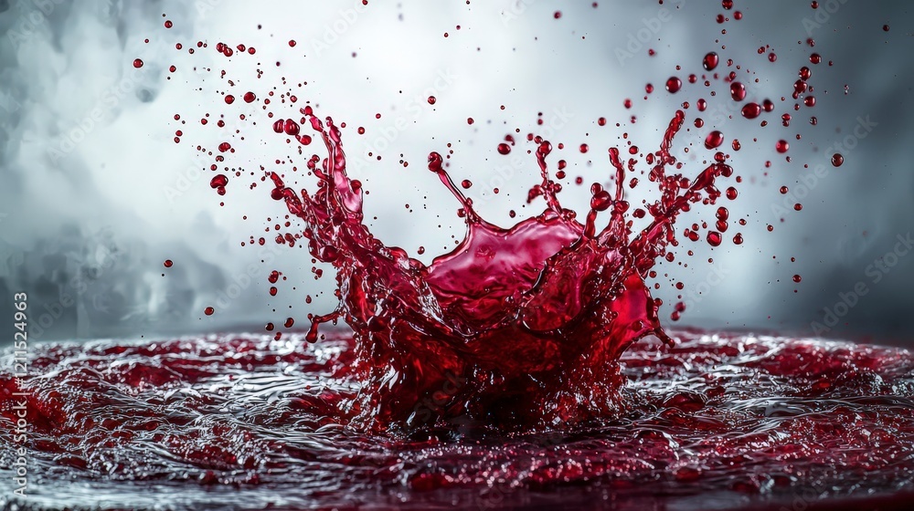 Poster dynamic bloodred splash of liquid studio setting photography abstract aesthetics close-up perspectiv