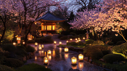 Fototapeta premium Peaceful garden with pagoda, cherry blossoms, and lanterns for Chinese New Year