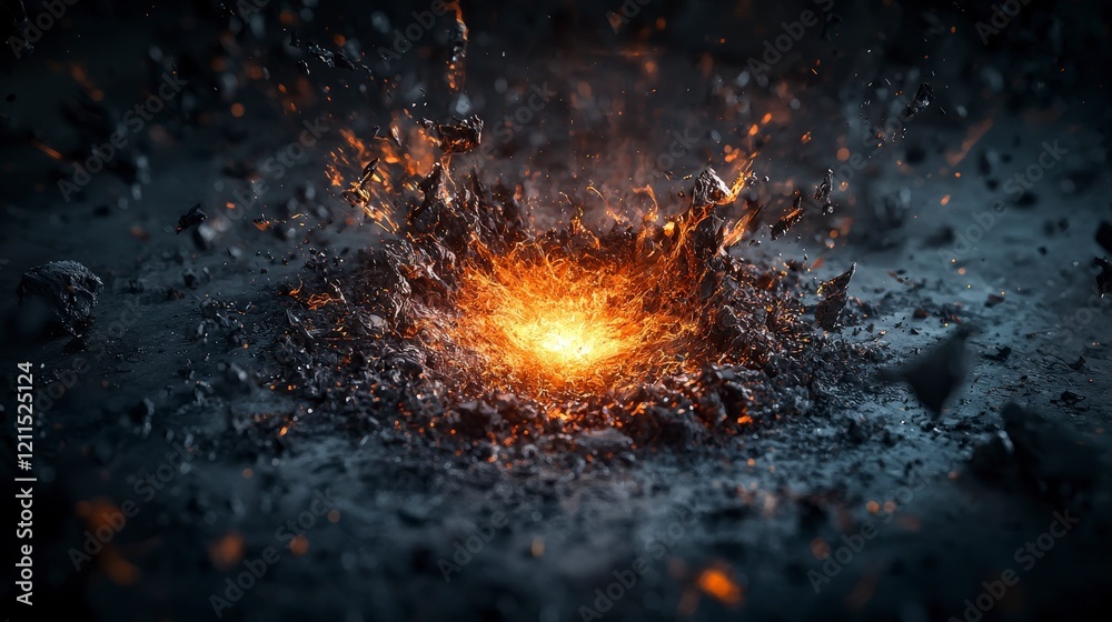 Poster Explosive orange light erupting from fragmented surface dark environment abstract art dynamic viewpoint
