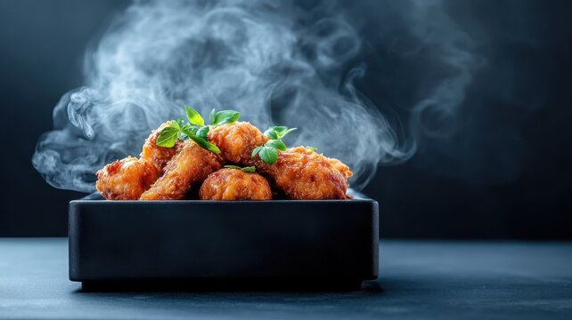Black podium with swirling smoke, presenting bold and dramatic fried chicken in a dark, moody setting.