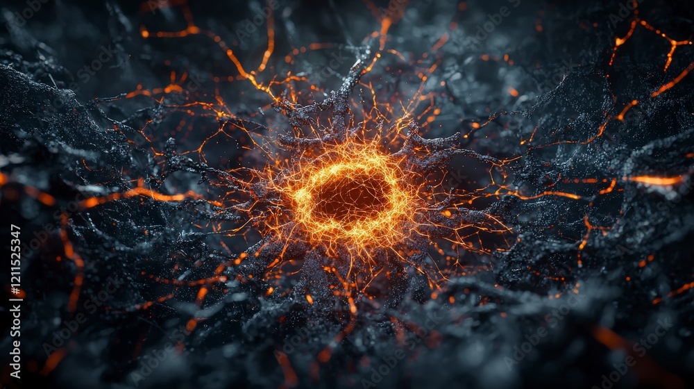 Poster illuminating orange sparks in dark broken space abstract visuals digital art cosmic environment clos