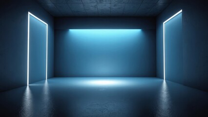 Futuristic blue room with illuminated door frames and sleek modern lighting