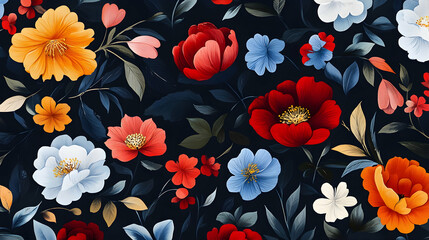Dark background floral pattern, vibrant flowers, design textile, website, wallpaper