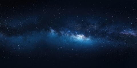 Naklejka premium Panoramic view of night sky showcasing the Milky Way galaxy with deep blue hues and scattered bright stars across a dark celestial backdrop