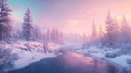Fototapeta premium Serene winter landscape snow-covered trees, frozen river, and pastel sunset.