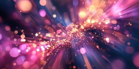 Colorful abstract background featuring vibrant pink, purple, and blue luminous streaks with bokeh effects radiating from the center.