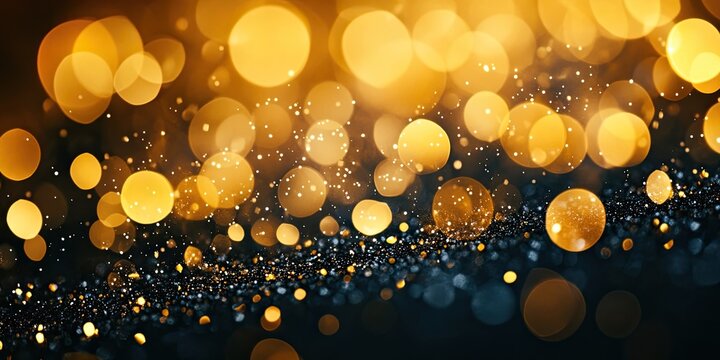 Golden bokeh background with sparkling orbs in soft focus; warm golden tones scattered over a dark base creating a shimmering festive atmosphere.